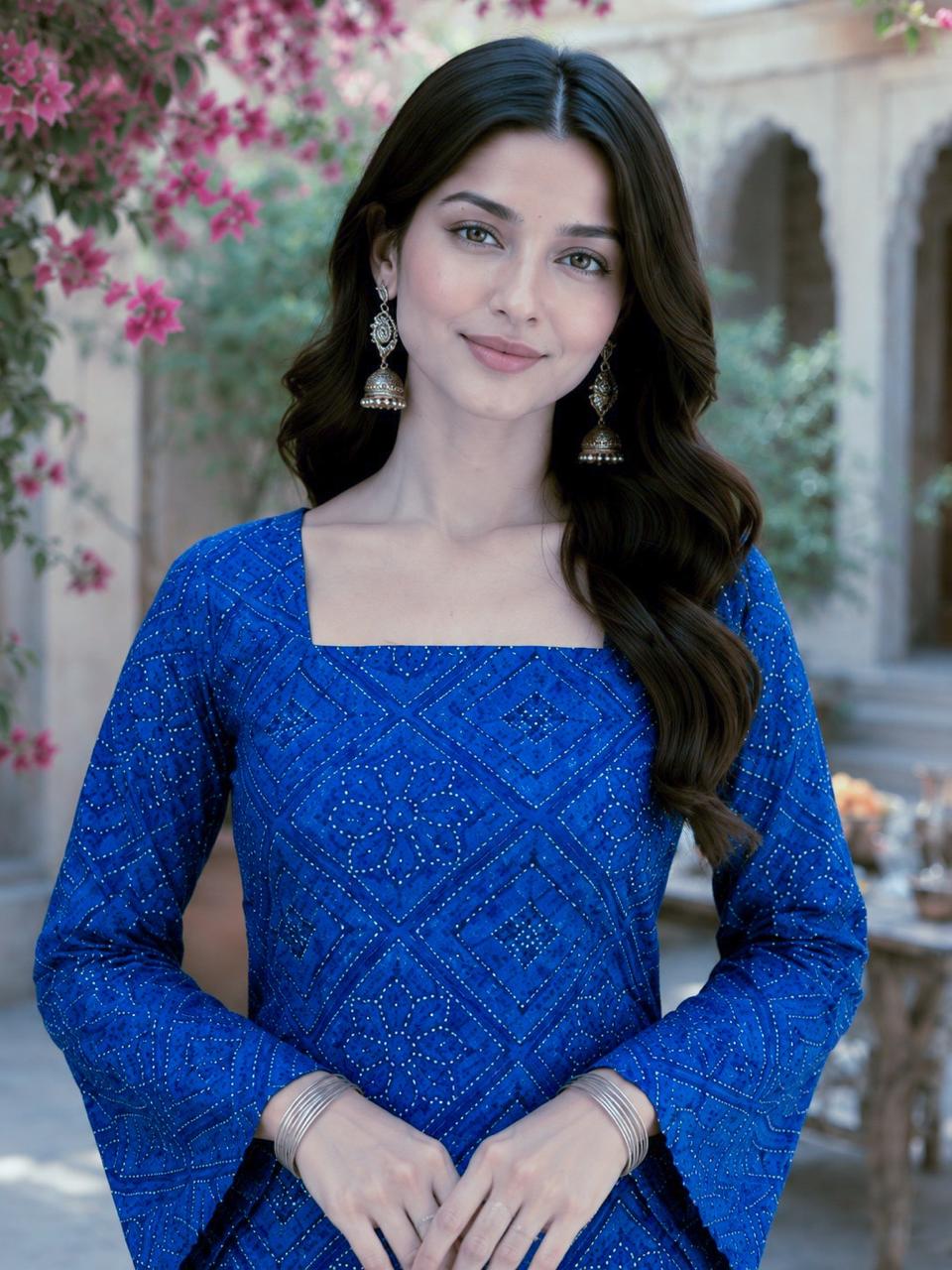 Royal Blue Cotton Bandhej Short Kurti