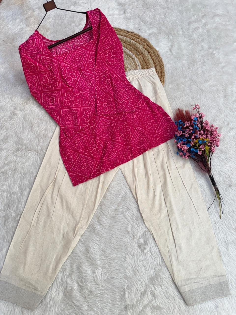 Rani Pink Cotton Bandhej Short Kurta