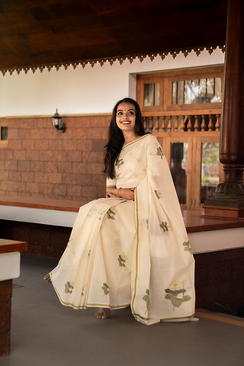 Off-White Lotus Printed Cotton Saree