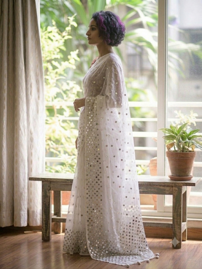 Ethereal Ivory White Mirror-Work Mul Cotton Saree