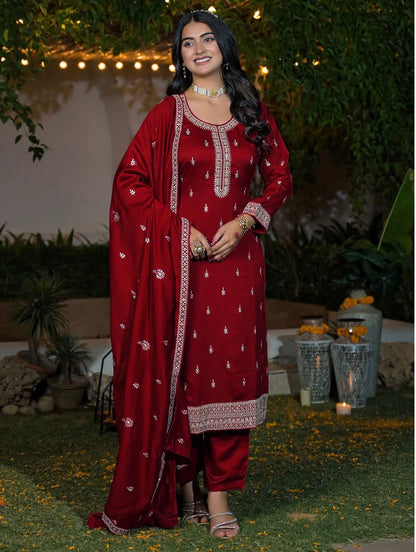 Deep Red Silk Blend Embroidered Kurta Set with Dupatta