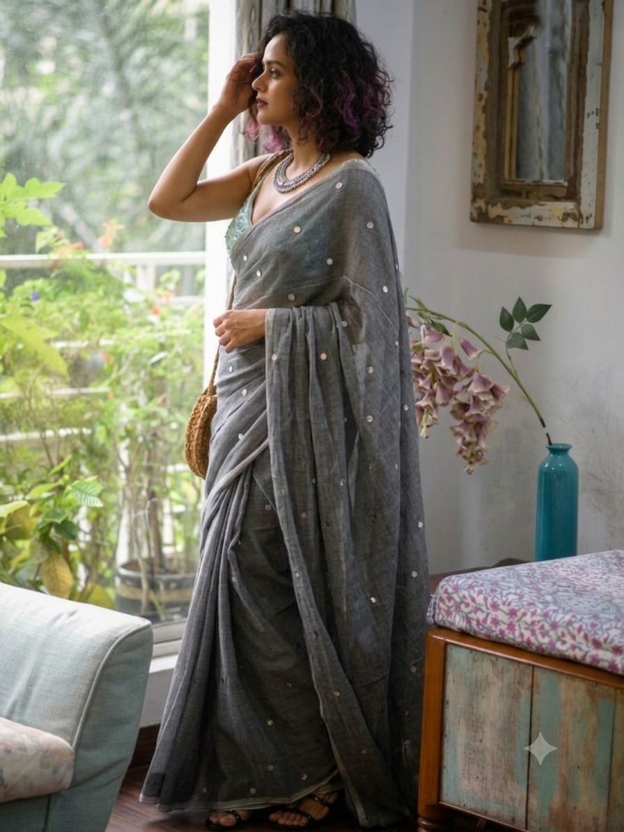 Ethereal Steel Grey Mirror-Work Mul Cotton Saree