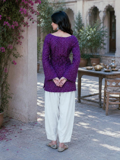 Deep Purple Cotton Bandhej Kurti Set