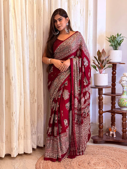 Vibrant Maroon Gajji Ajrakh Viscose Silk Saree