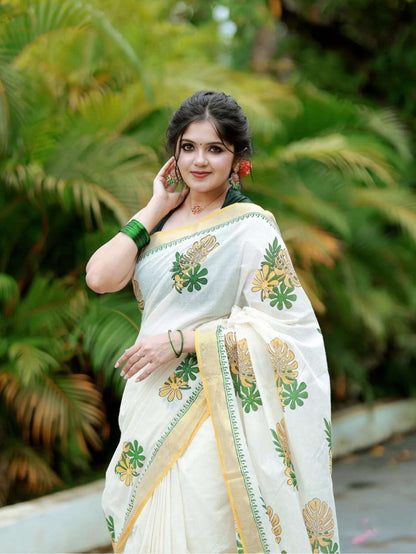 Classic Off-White Tropical Leaf Printed Mul Cotton Saree