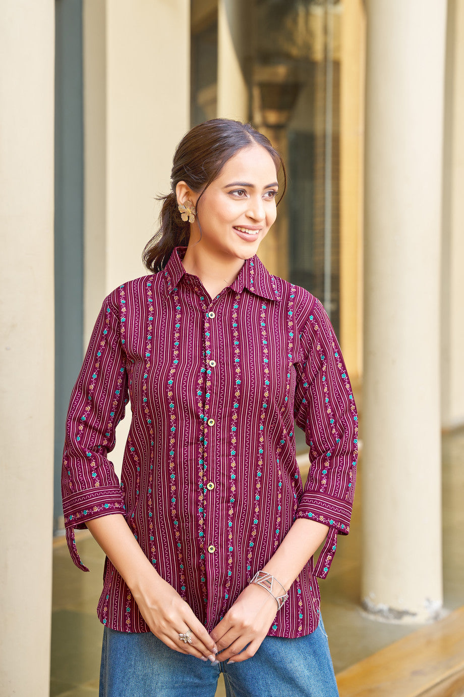 Vibrant Maroon Striped Printed Cotton Shirt