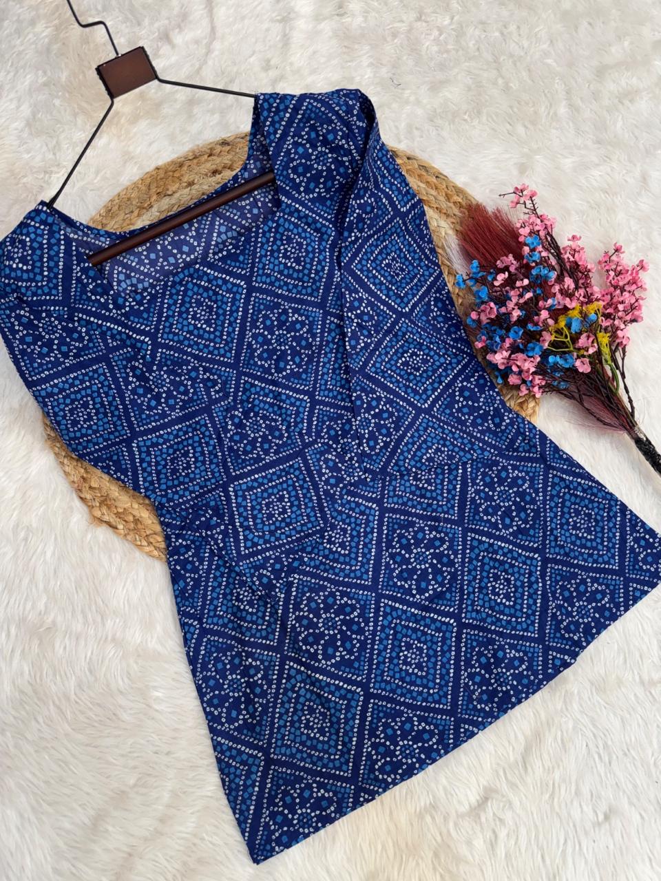 Royal Blue Cotton Bandhej Short Kurti