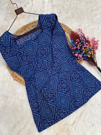 Royal Blue Cotton Bandhej Short Kurti
