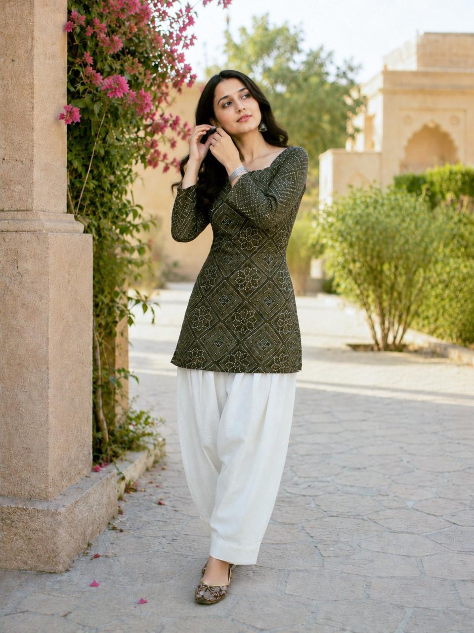 Olive Green Cotton Bandhej Short Kurta