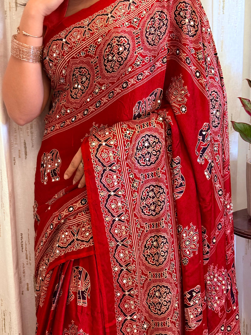 Vibrant Crimson Red Gajji Ajrakh Silk Saree