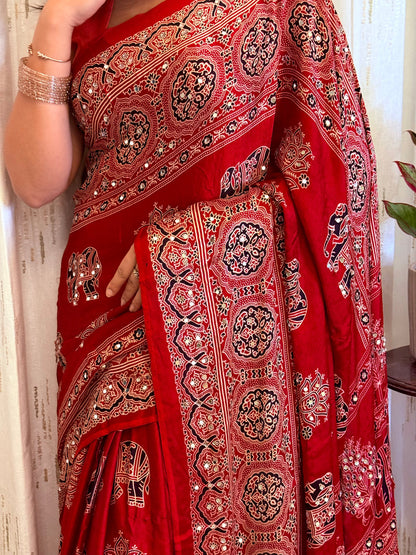 Vibrant Crimson Red Gajji Ajrakh Silk Saree