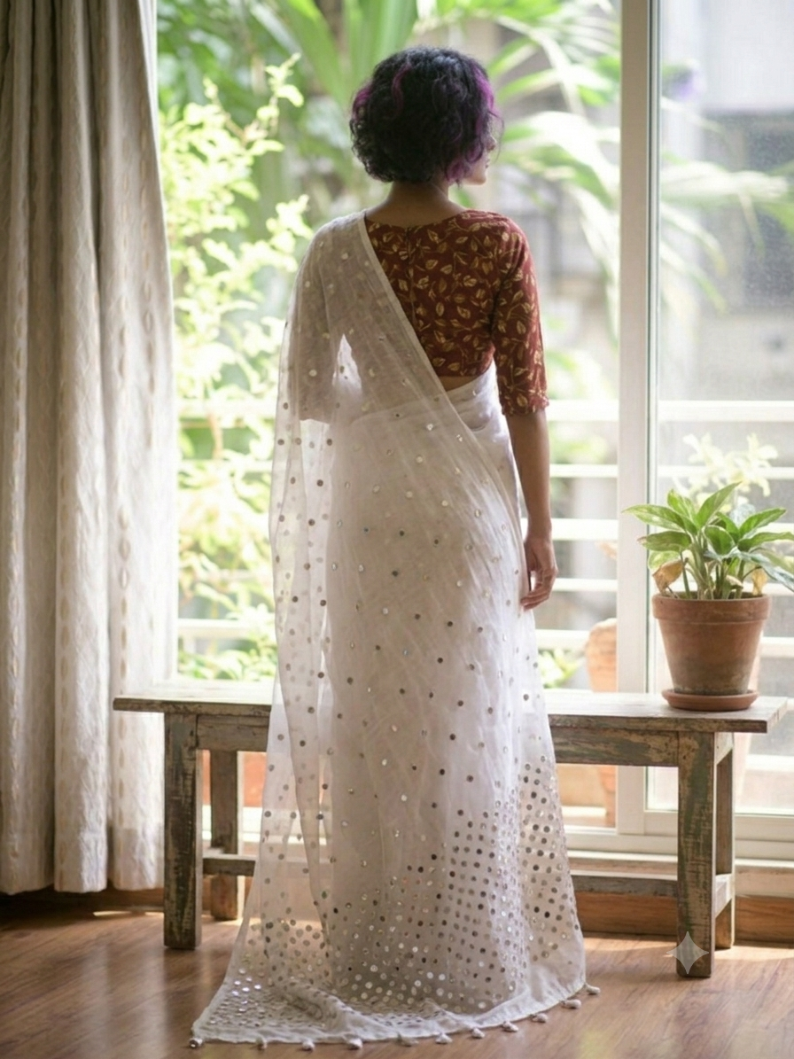 Ethereal Ivory White Mirror-Work Mul Cotton Saree