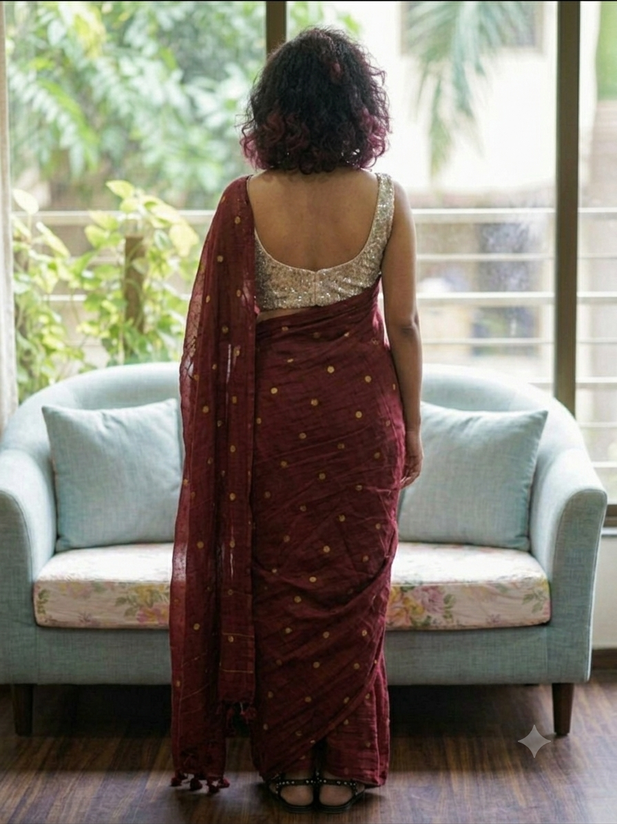 Ethereal Maroon Deep Burgundy Gold-Zari Polka Dot Mul Cotton Saree