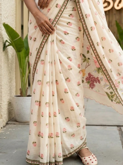 Ethereal Off-White Pink Rose Floral Printed Mul Cotton Saree