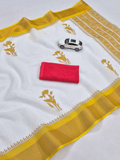 Classic Off-White and Mustard Floral Printed Mul Cotton Saree
