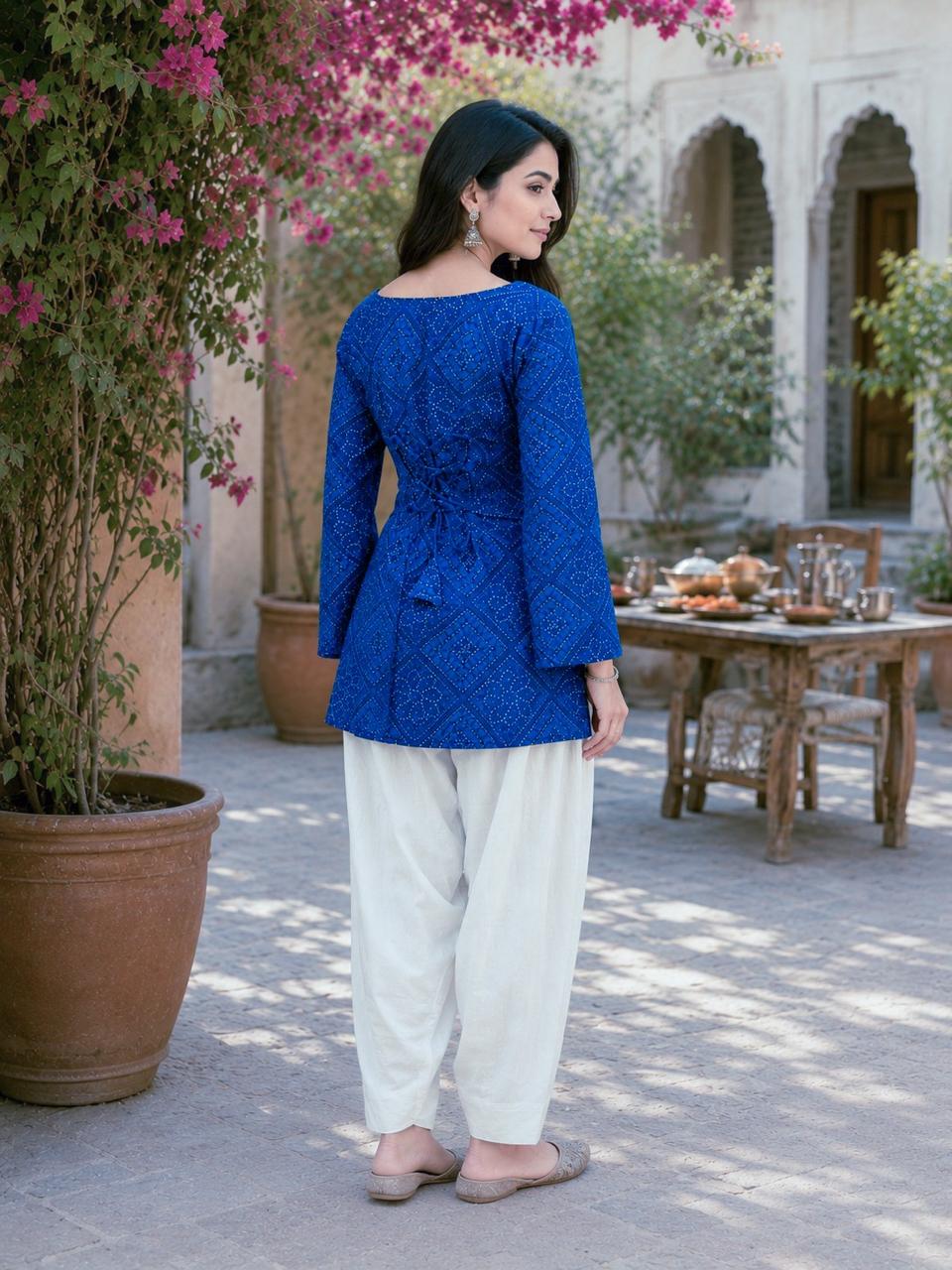 Royal Blue Cotton Bandhej Short Kurti