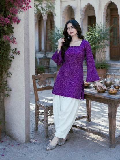 Deep Purple Cotton Bandhej Kurti Set