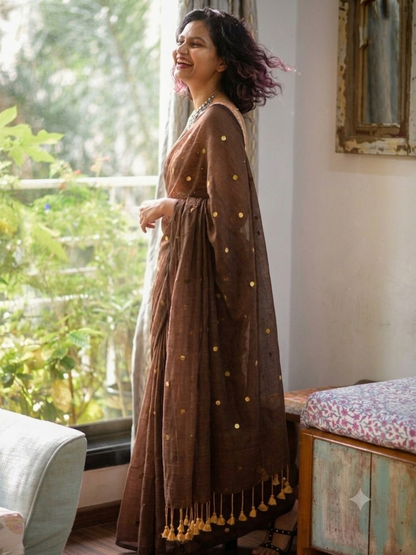 Ethereal Coffee Brown Gold-Zari Polka Dot Mul Cotton Saree