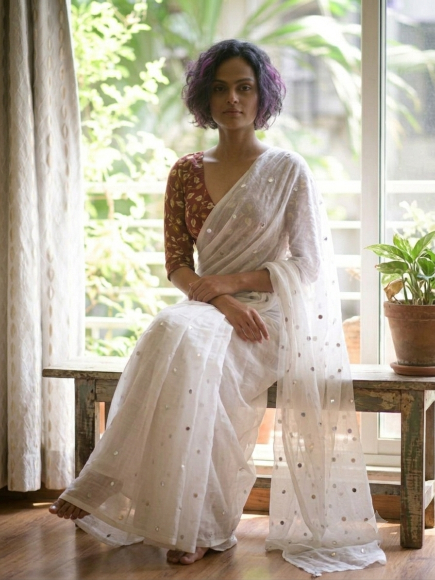 Ethereal Ivory White Mirror-Work Mul Cotton Saree
