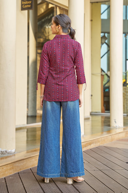 Vibrant Maroon Striped Printed Cotton Shirt