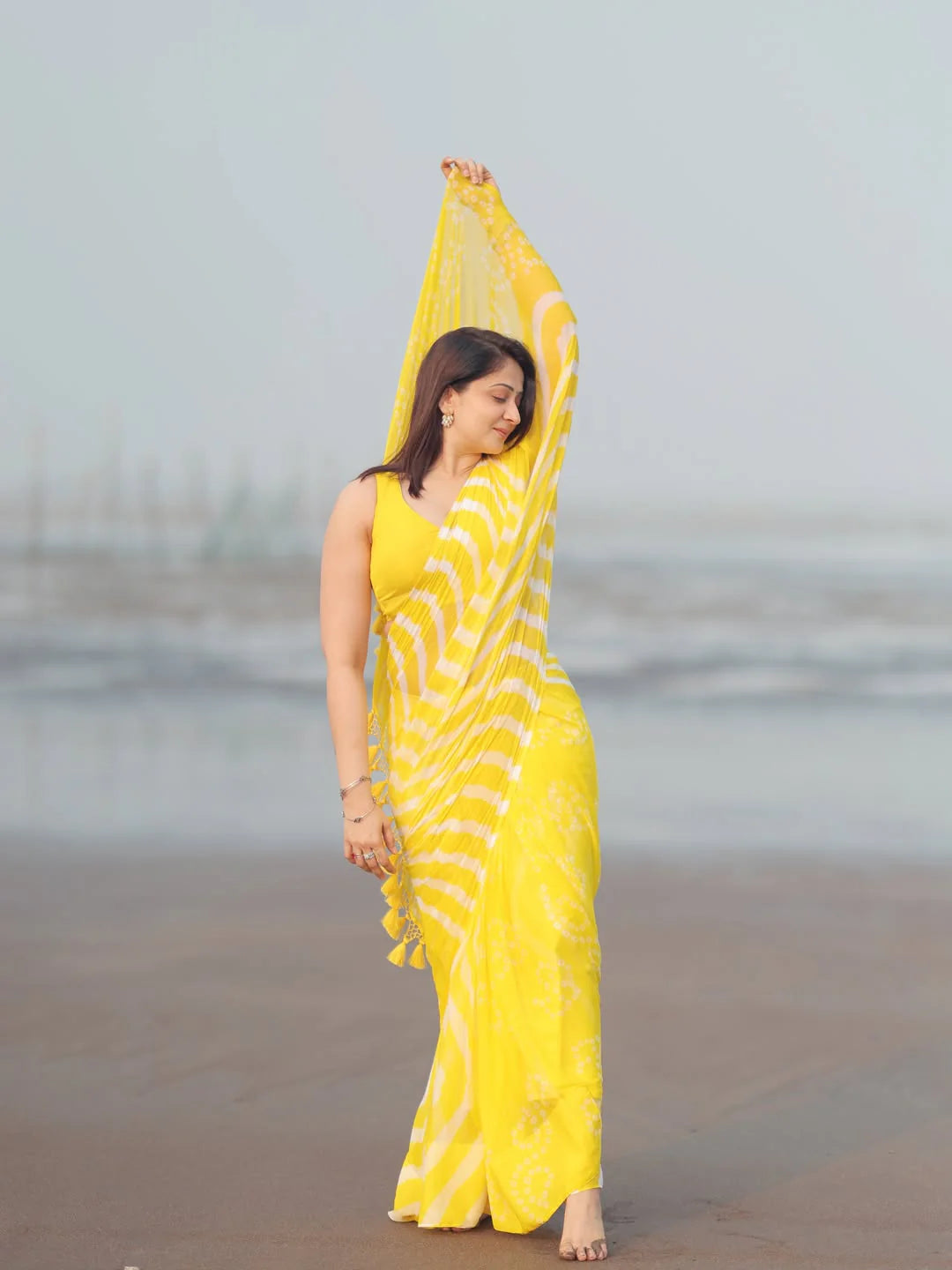Sunshine Yellow & White Chiffon Printed Saree with Tassel Pallu
