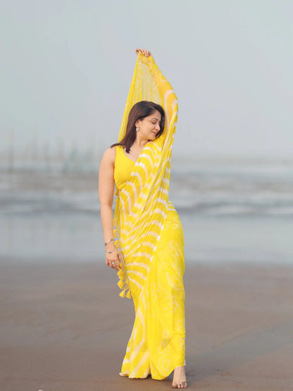 Sunshine Yellow & White Chiffon Printed Saree with Tassel Pallu