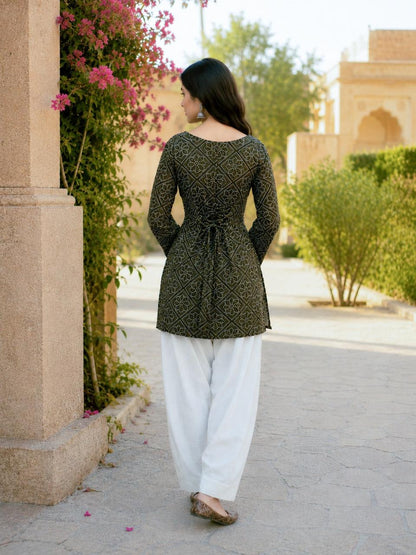 Olive Green Cotton Bandhej Short Kurta