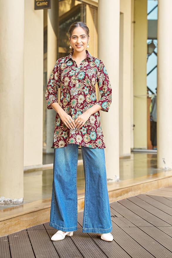 Vibrant Maroon Floral Printed Cotton Shirt