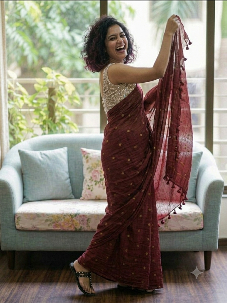 Ethereal Maroon Deep Burgundy Gold-Zari Polka Dot Mul Cotton Saree
