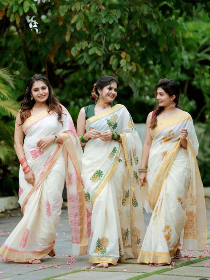Classic Off-White and Mustard Floral Printed Mul Cotton Saree