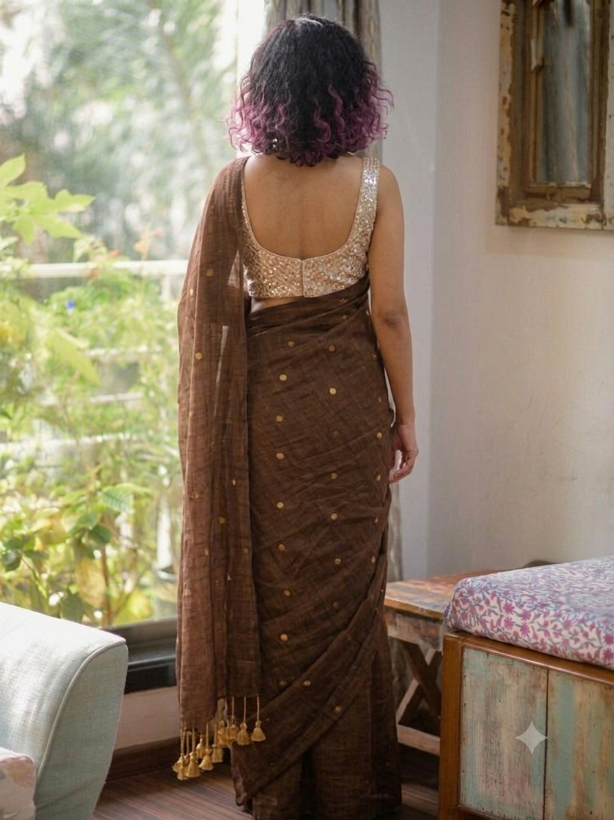 Ethereal Coffee Brown Gold-Zari Polka Dot Mul Cotton Saree
