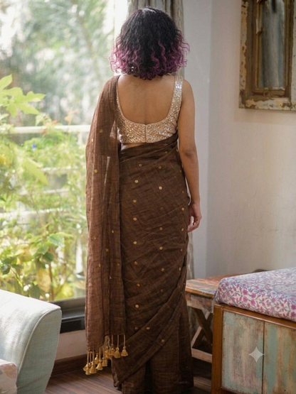 Ethereal Coffee Brown Gold-Zari Polka Dot Mul Cotton Saree