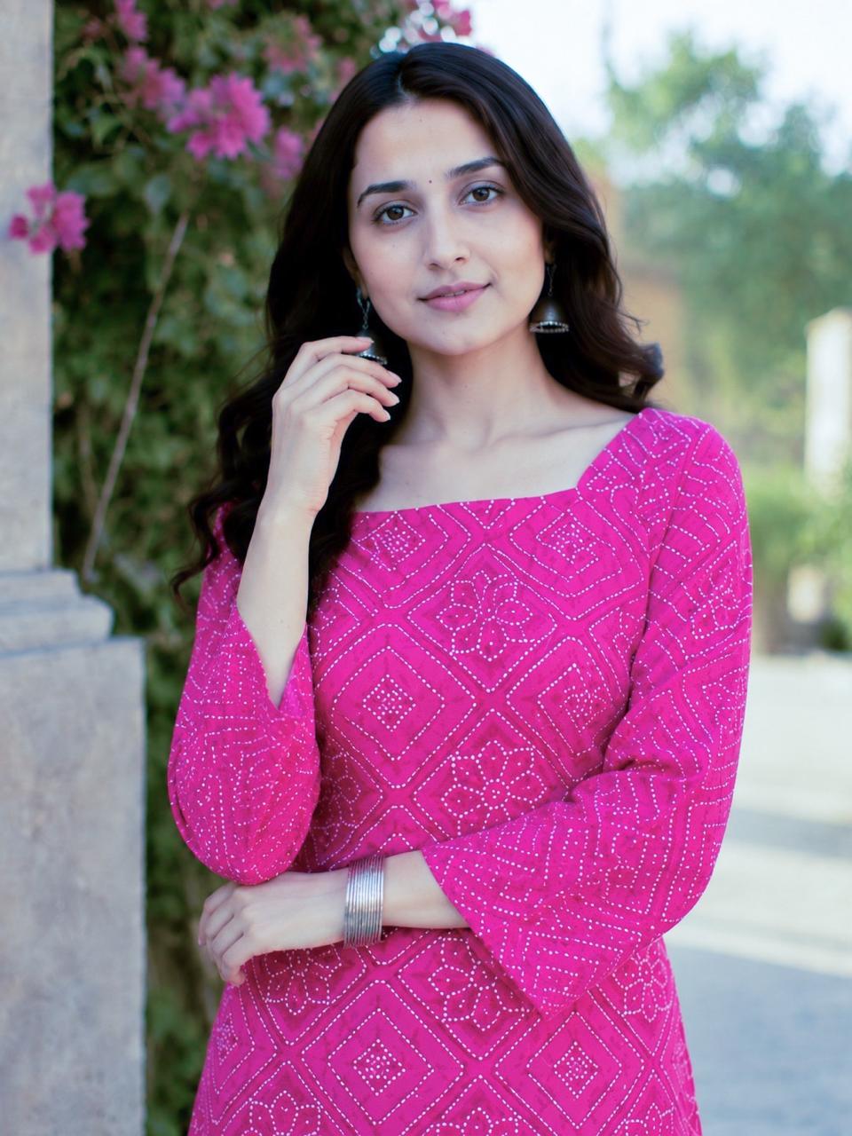 Rani Pink Cotton Bandhej Short Kurta