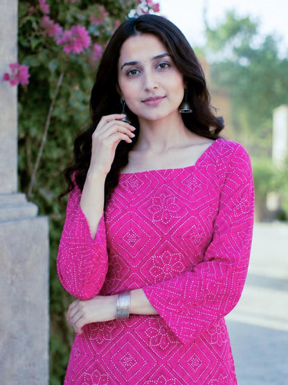 Rani Pink Cotton Bandhej Short Kurta