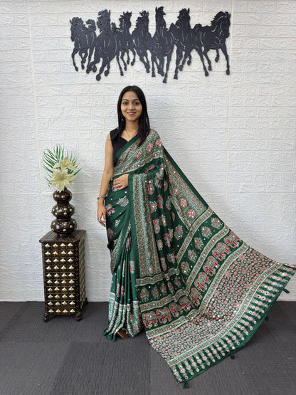 Vibrant Forest Green Gajji Ajrakh Silk Saree