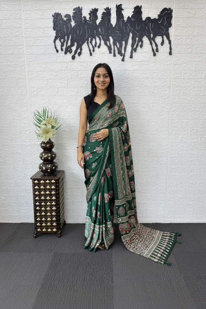 Vibrant Forest Green Gajji Ajrakh Silk Saree