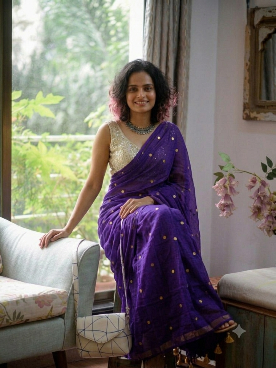 Ethereal Royal Violet Gold-Zari Polka Dot Mul Cotton Saree