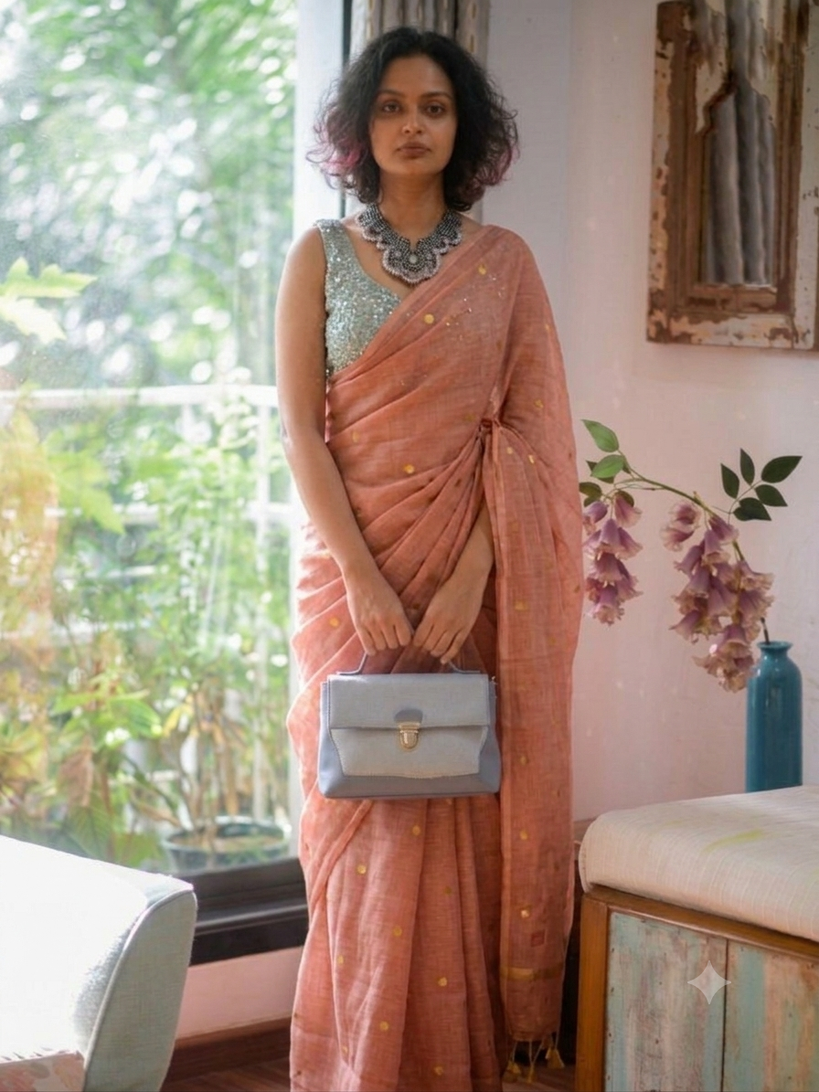 Peach Rose Pink Gold-Zari Polka Dot Mul Cotton Saree