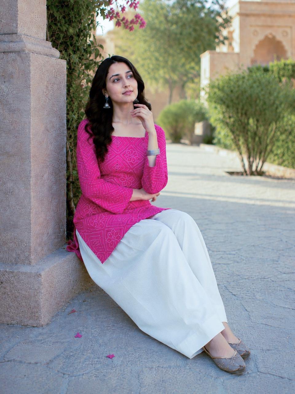 Rani Pink Cotton Bandhej Short Kurta