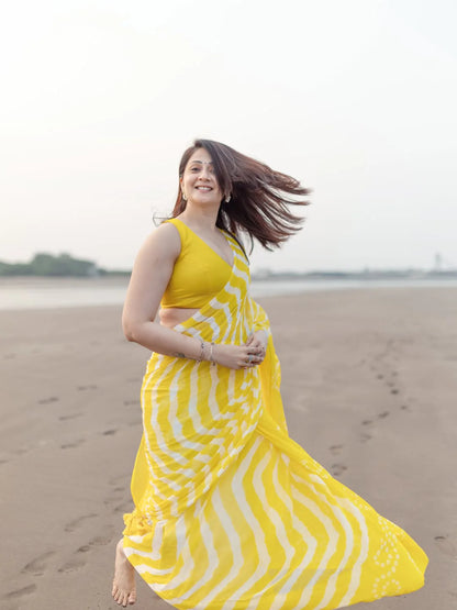 Sunshine Yellow & White Chiffon Printed Saree with Tassel Pallu