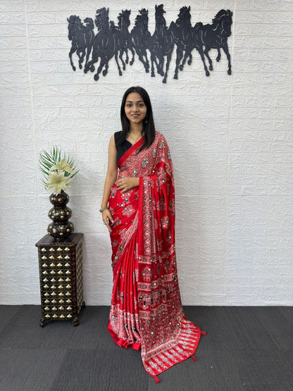 Vibrant Crimson Red Gajji Ajrakh Silk Saree