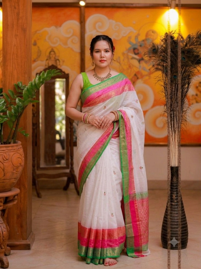 Graceful White and Pink Border Mul Cotton Saree