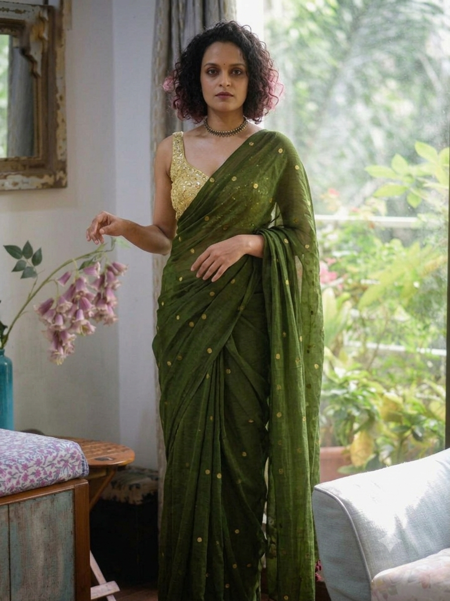 Ethereal Olive Green Gold-Zari Polka Dot Mul Cotton Saree