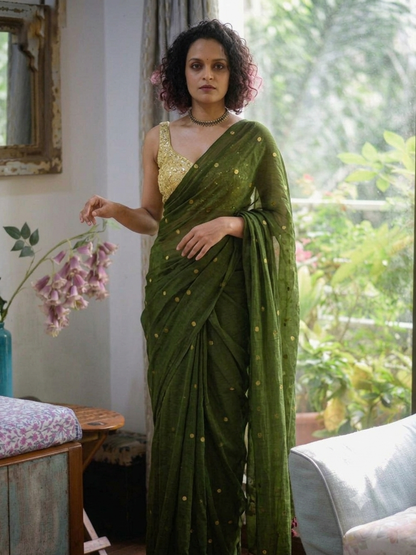 Ethereal Olive Green Gold-Zari Polka Dot Mul Cotton Saree