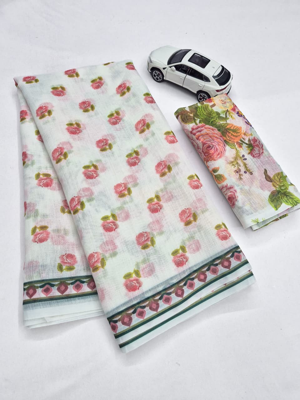 Ethereal Off-White Pink Rose Floral Printed Mul Cotton Saree
