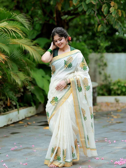 Classic Off-White Tropical Leaf Printed Mul Cotton Saree