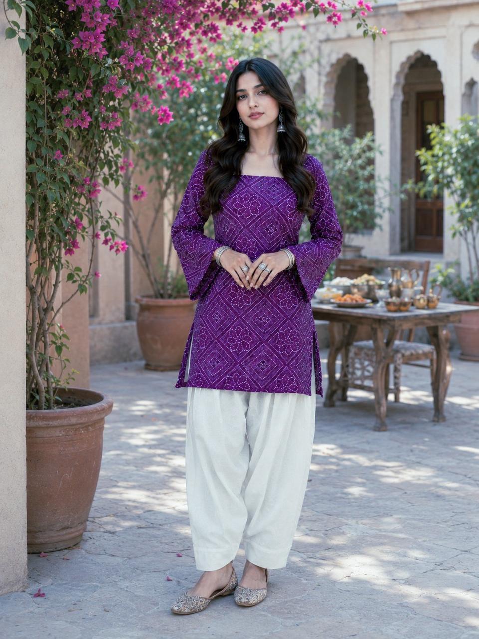 Deep Purple Cotton Bandhej Kurti Set