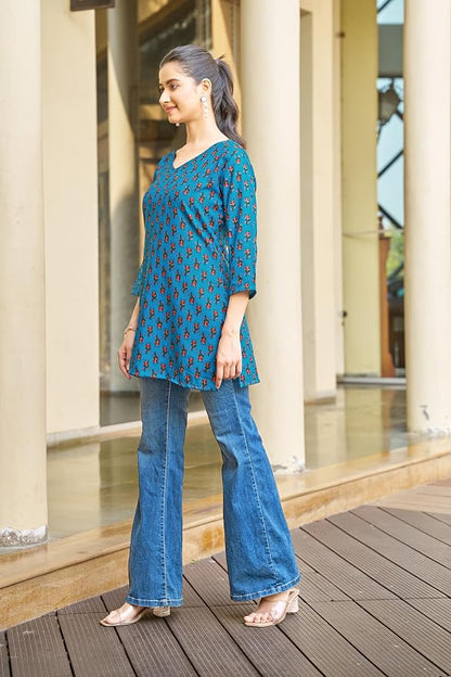 Vibrant Teal Blue Floral Printed Cotton Tunics