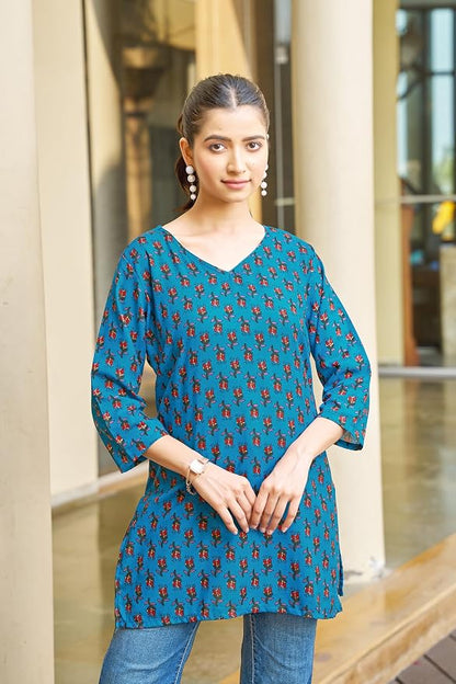 Vibrant Teal Blue Floral Printed Cotton Tunics
