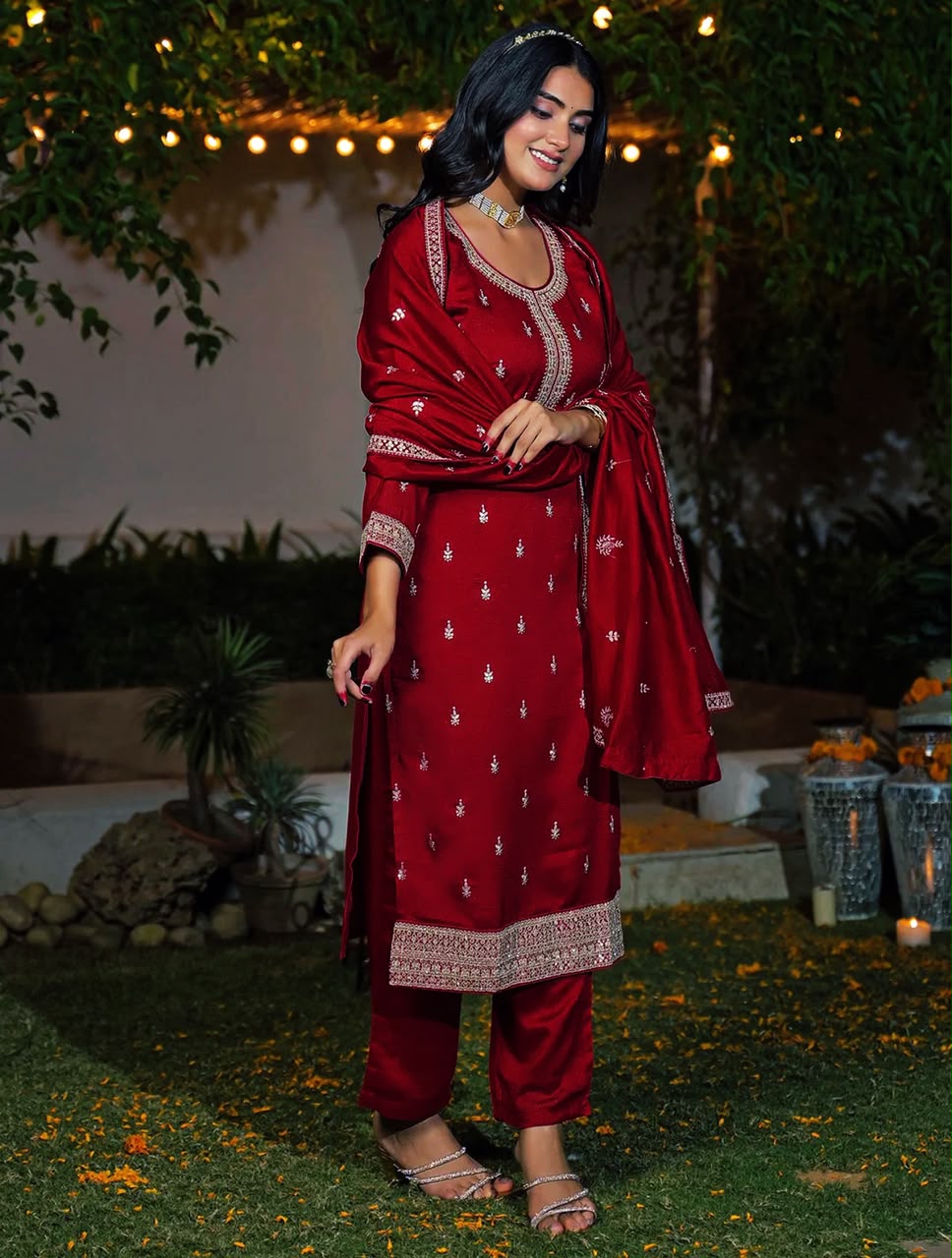 Deep Red Silk Blend Embroidered Kurta Set with Dupatta